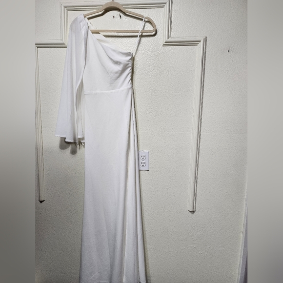 Lulus Majestic Attitude White Cape Sleeve One-Shoulder Maxi Dress S Wedding - Picture 7 of 11